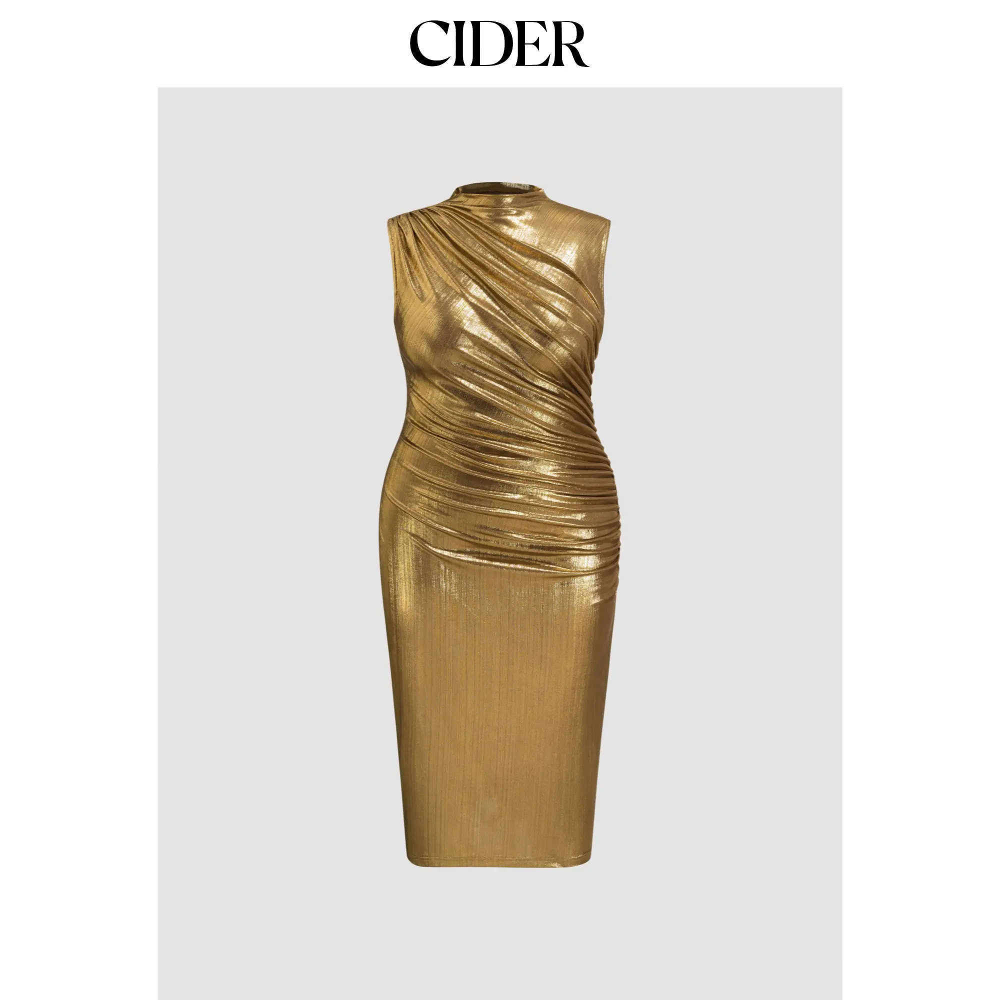 Cider [2 colors, size 0-26] Metallic Stand Collar Solid Ruched Midi Dress SohoChic