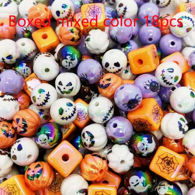 18pcs Acrylic Beads Halloween Pattern Electroplated Straight Hole Round Beads for DIY Crafts, Phone Chain Charms, Keychain Accessories