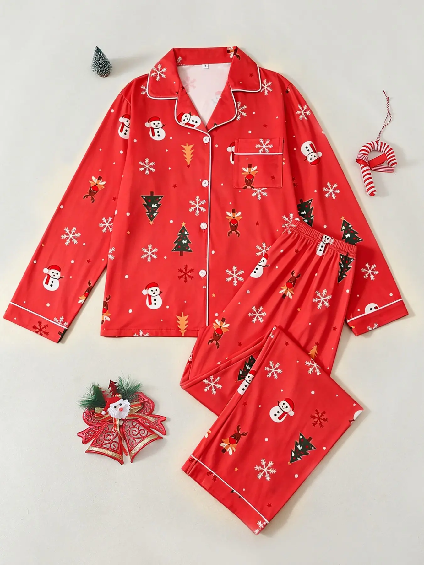 Women's Christmas Snowman Theme Pajama Set, Long Sleeve Collared Sleepwear, Casual Home, Fall & Winter New Arrival
