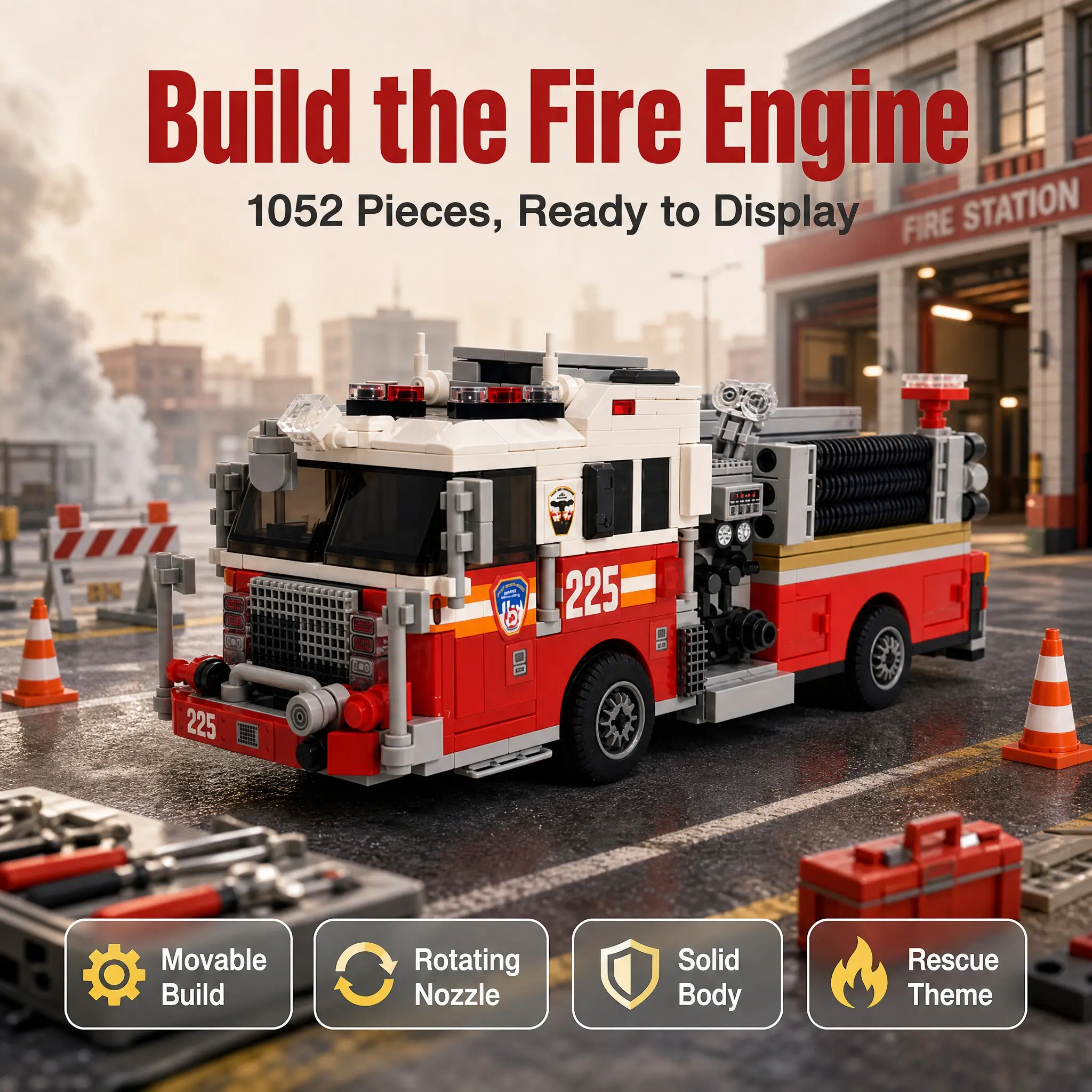 1052pcs American Fire Truck Building Blocks Set, Building Sets, Rescue Car Assembly Model, Moving Function, Rotating Water Gun, Durable and Stable Design, Creative Decoration, Ideal Birthday Gift for Kids