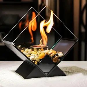 1pc Rhombus Shape Glass Top Metal Fireplace, Ethanol Fuel, Smokeless, Heating, Table Decor, Flame Fire Pit, Atmosphere Enhancer