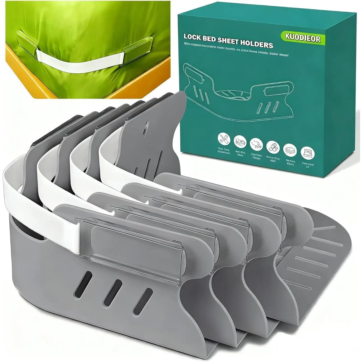 Bed Sheet Holders for Corners, Duty Fitted Sheet Holder with Lock Fastener Straps &Anti-Slip Pads Keep Sheets Firm&Tight, No More Loose Sheets, Easy Installation for Any Mattress Sizes(Set of 4)