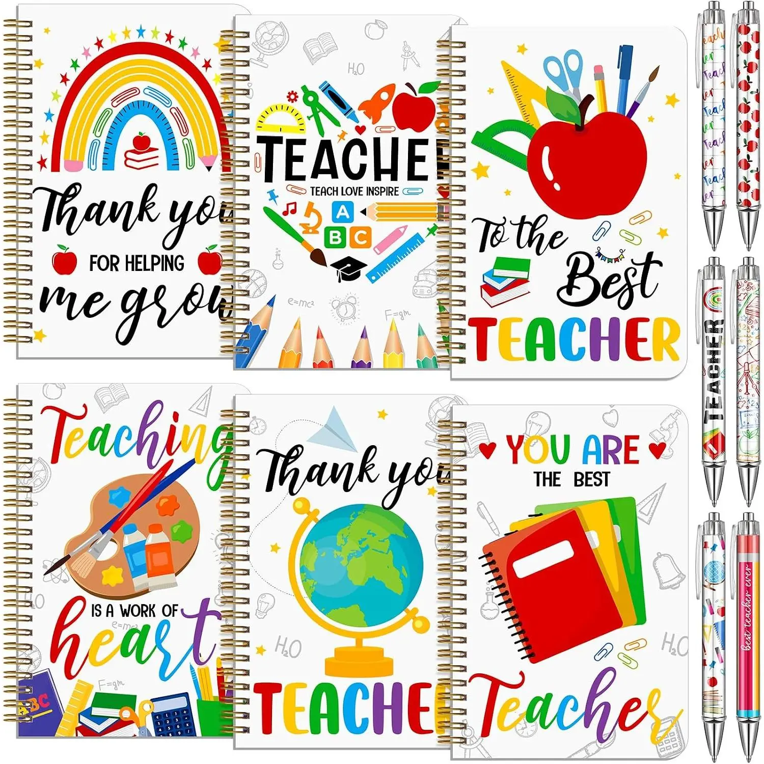 6-Pack A5 Ruled Teacher Gift Set - Preppy Look Spiral Notebooks with Sturdy Paper (160 Sheets, 5.5x8.3 In) & Ballpoint Pens for Faculty, Office Stationery for Teacher Appreciation