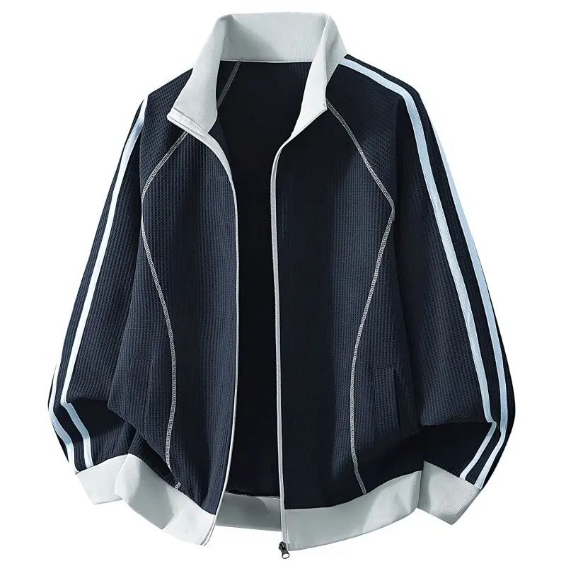 Textured Hooded Jacket With Contrasting Color Stitching And Raglan Sleeves, Zip-Up Jacket For Outdoor Running And Commuting, Trendy Casual Sun-Protective Long-Sleeve Top, American Retro College-Style Striped Casual Jacket