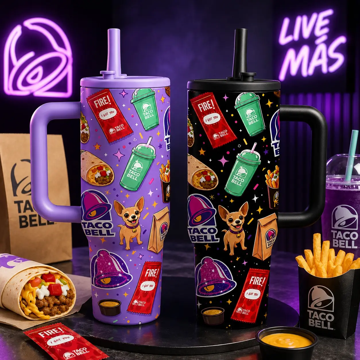 1pc Cute Taco Bell Chihuahua Print 40oz Portable Insulated Tumbler With Handle, Purple Fast Food Themed Stainless Steel Travel Coffee Cup For Food Enthusiasts