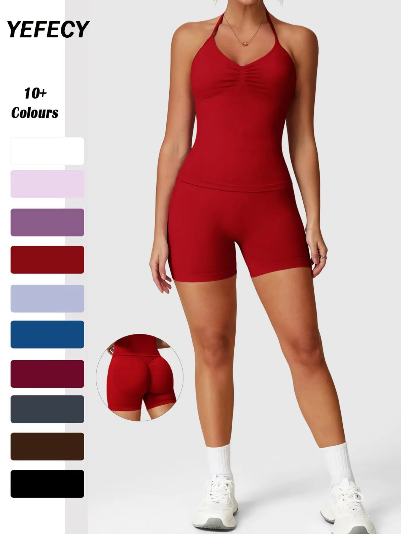 Women's Sporty Camisole Set, V-Neck Backless Top + High-Waist Yoga Shorts, Breathable Stretch, Ideal for Gym, Running, Casual Wear, Gym Workout Sportswear, Breathable Sports Set, Athletic Yoga Set