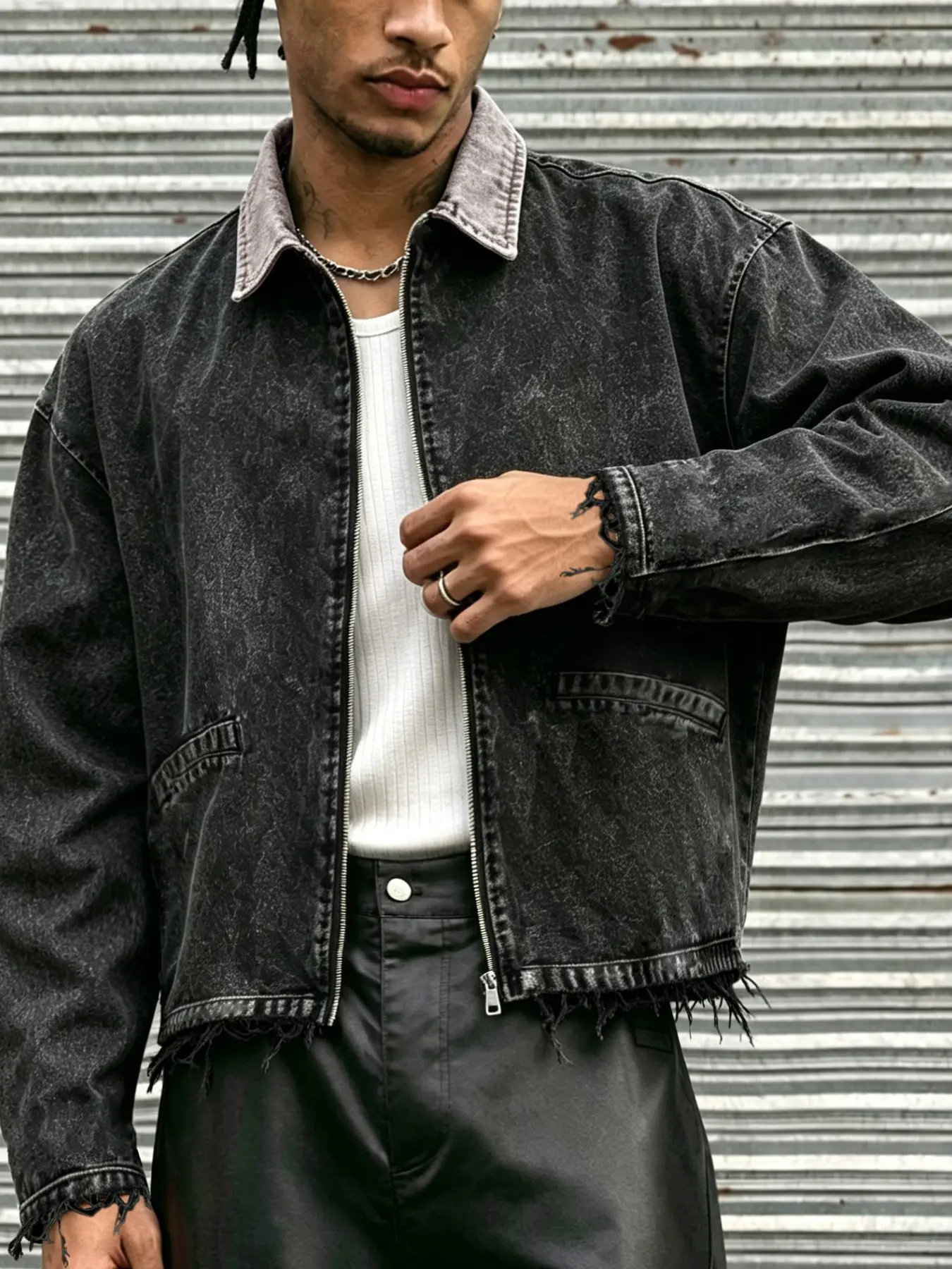Heavyweight Washed Denim Jacket, Frayed Edge Cut, Zipper Collar Short Style, Streetwear Fashion, Easy to Pair, Trendy Look