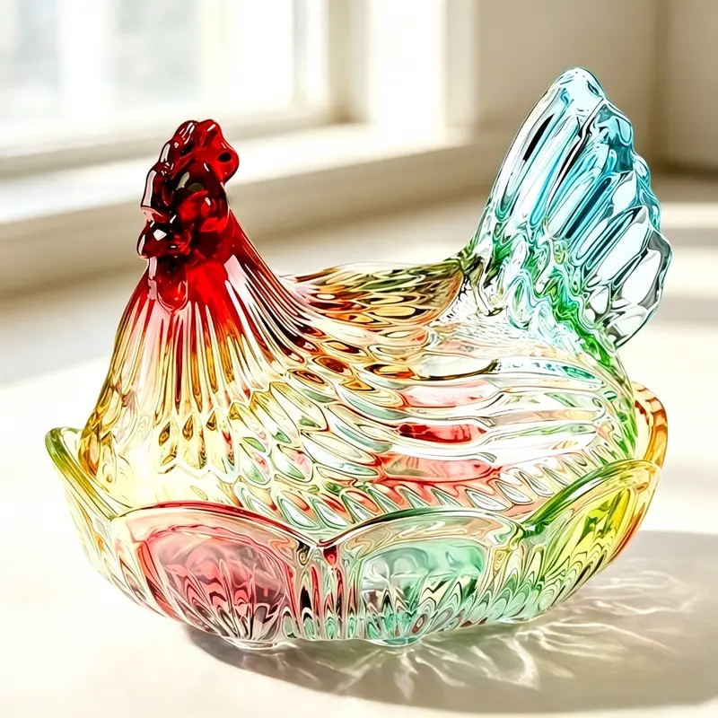 A fine durable medium chicken crystal glass candy dishes, rural style covered fruit bowl, candy bowl, multicolor desktop dessert dish, snack bowl, an egg dish, kitchen accessories, home sitting room adornment, suited to receive amateur, Easter gift