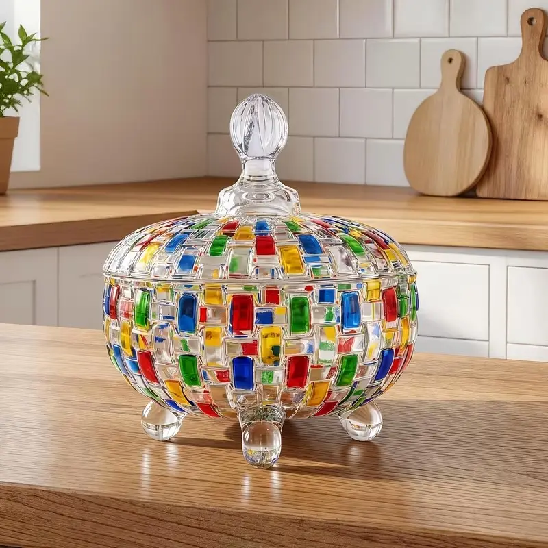 1pc Stylish Glass Candy Jar with Lid, Plaid Pattern Decorative Bowl - Snack Storage Container, Perfect for Snacks, Ideal for Christmas, Halloween, Thanksgiving - Fashionable Home & Office Decor Gift, Food Storage Jar for Candy, Dried Fruits & Nuts