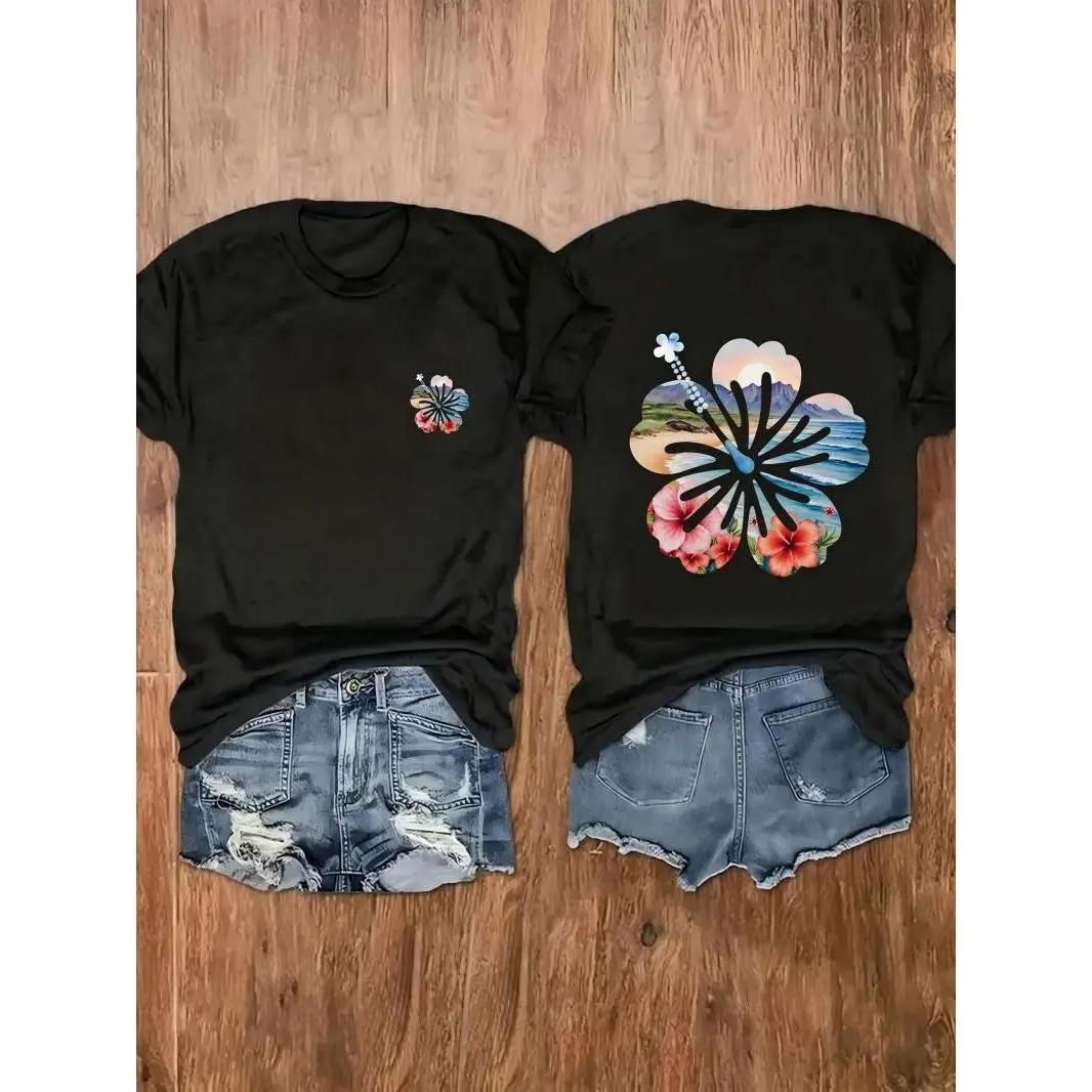 Double Sided Hibiscus Beach Scenery Print Womens Oversized White T Shirt Summer Casual Soft Cotton Top Vacation Beach Outfit Trendy Aesthetic Daily Wear Tee