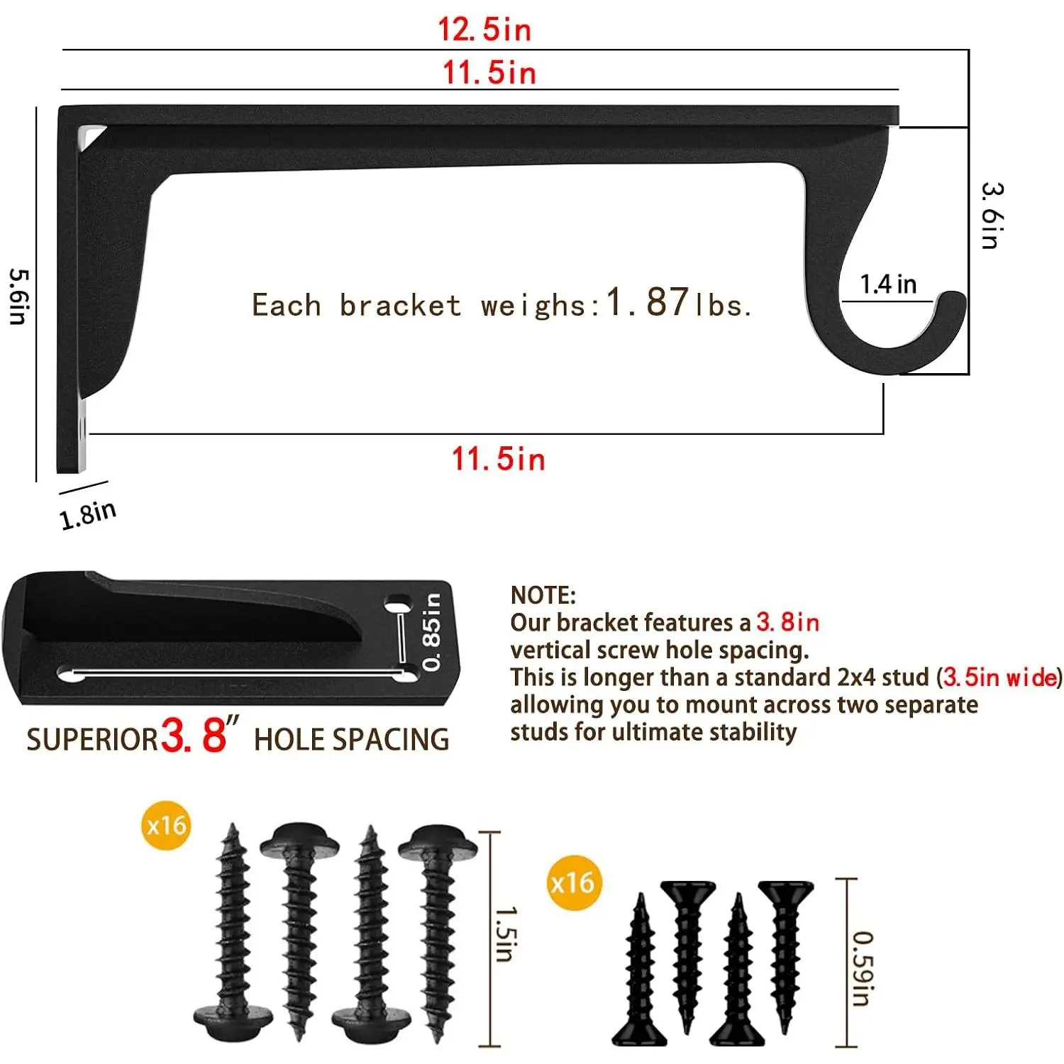 Closet Rod Support Bracket 12x5.6in(4pack Black)