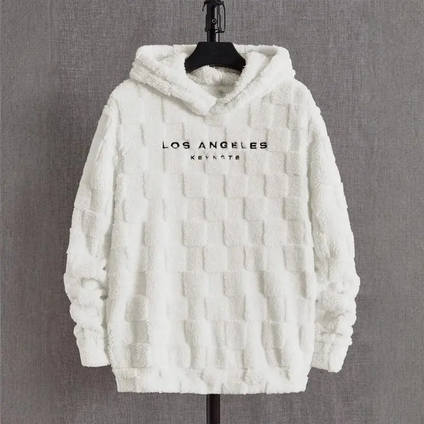 Los Angeles Embroidered Sherpa Fleece Hoodie, Unisex Oversized Pullover Sweatshirt, Warm Casual Long Sleeve Hooded Top for Fall Winter Streetwear