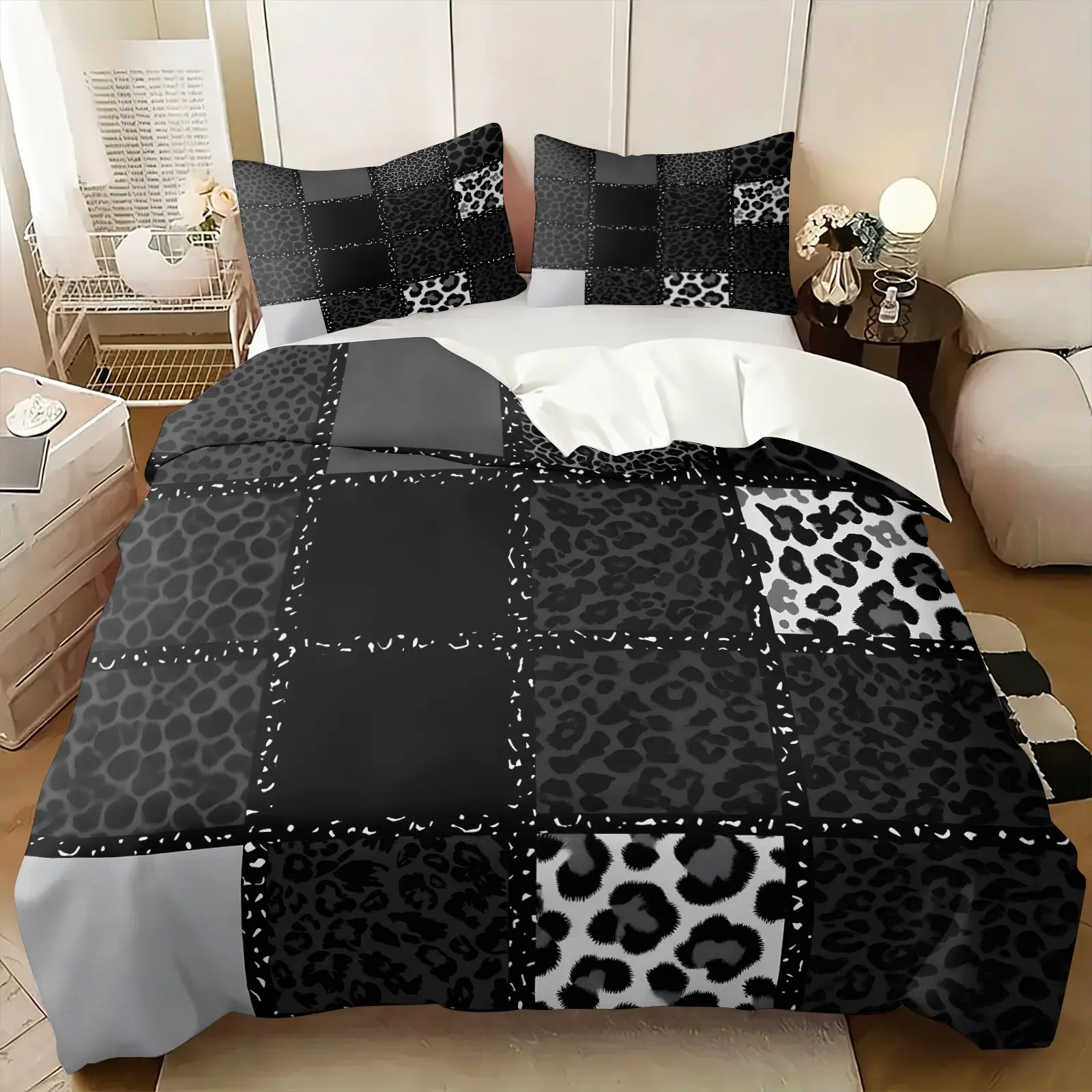 Black Grey Leopard Patchwork Duvet Cover Set, Modern Animal Print Plaid Bedding Set, Perfect Gift for Bedroom Decor, Includes 1 Duvet Cover & 1-2 Pillowcase, No Filling, Cheetah Grid Bedding for Adults