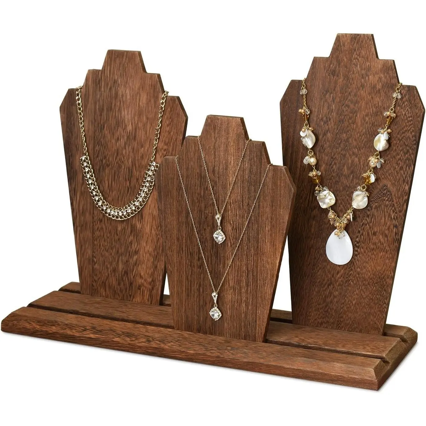 Portable Lightweight Wooden Necklace Display Stand with 2-Row Holder, 3 Removable Displays, Rear Pegs, Brown Color, Easy Setup and StorageGift