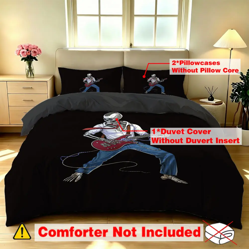 A 3-piece skeleton guitar-patterned bedding set (one bedspread and two pillowcases), unstuffed, suitable for single beds and double beds, ideal for bedrooms, student dormitories, and gaming hotels, and perfect for gift-giving