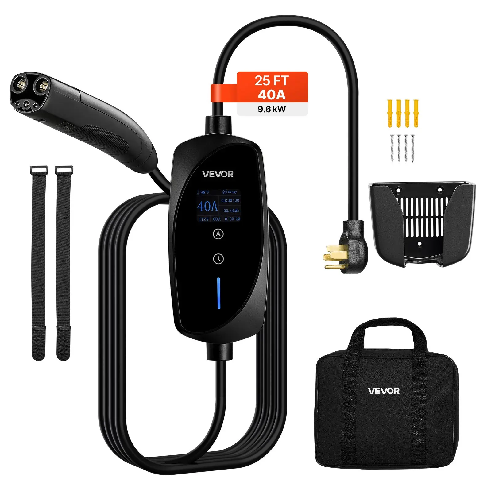 VEVOR Level 2 Tesla Charger, 40 Amp Adjustable Current, 240V Portable Home Electric Car EV Charger with 25 ft Charging Cable, NEMA 14-50P Plug, LCD Display, NACS Connector, for Tesla Model Y/X/3/S