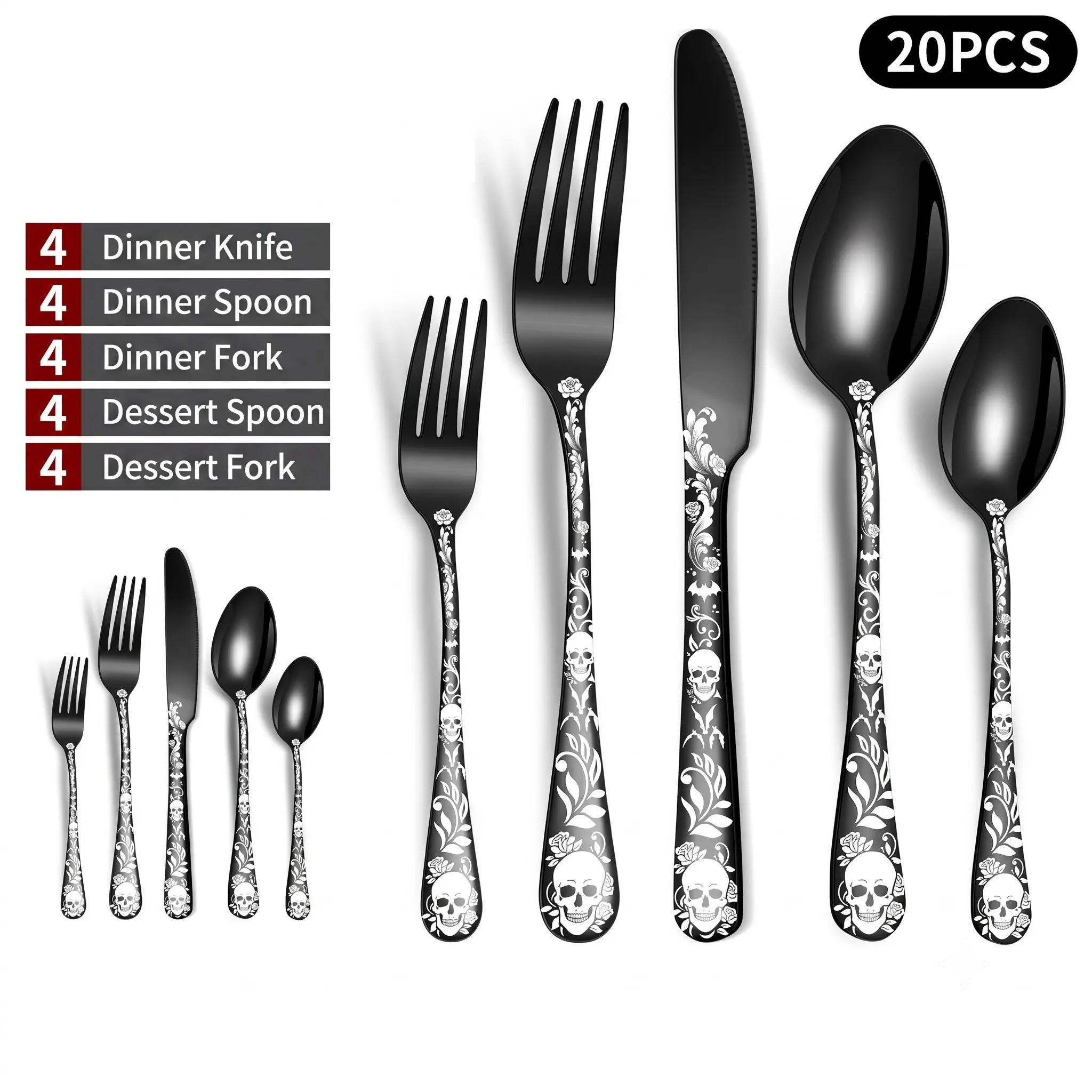 20pcs Skull Pattern Stainless Steel Flatware Set, Vintage Gothic Halloween Cutlery, Kitchen Dining Party Supplies, Unique Halloween Decor
