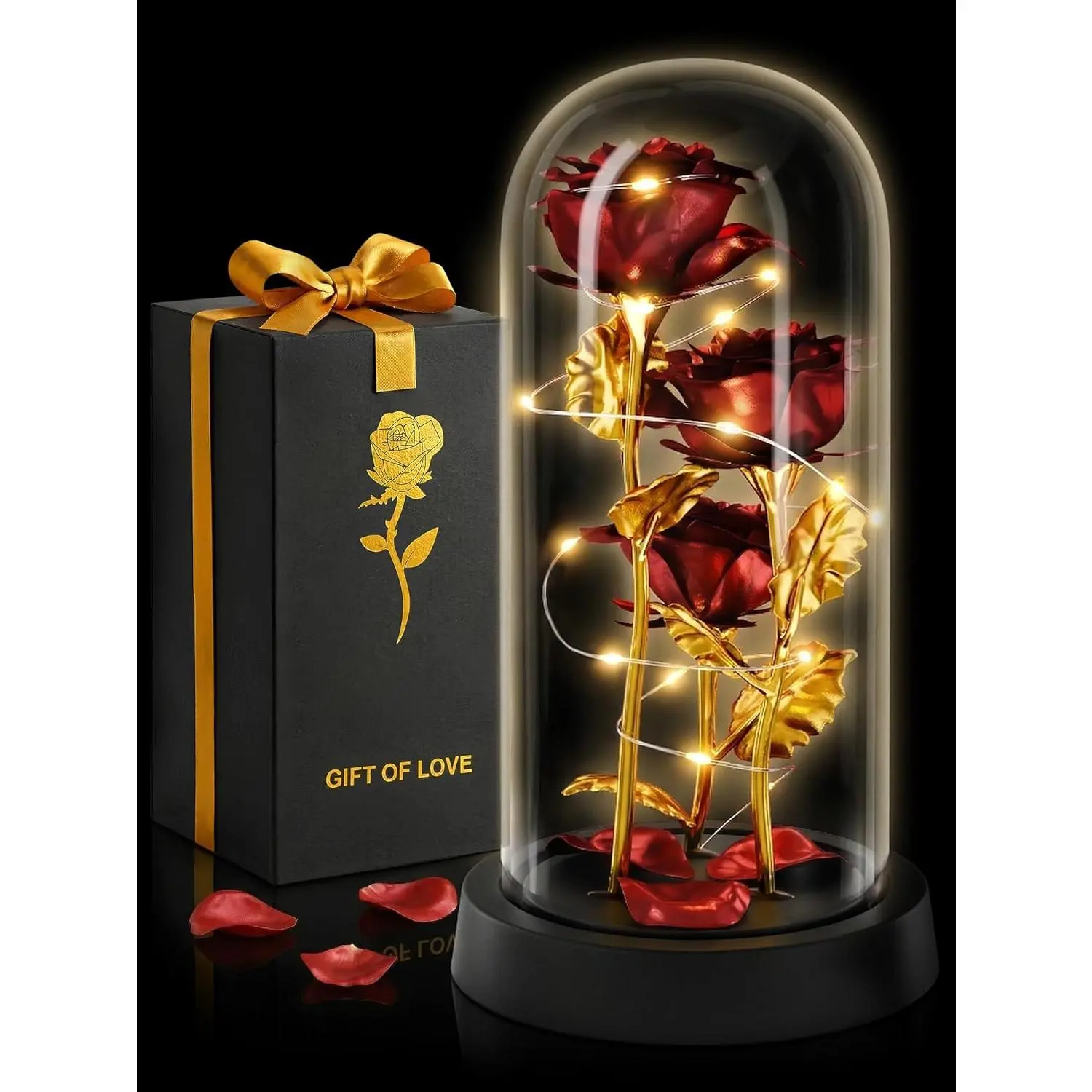 Rose in Dome with LED Lights in Gift Box - Gifts for Mom, Grandma, Wife, Girlfriend, for, Lighted Rose - Forever Flowers, Battery Powered Home Decor (Red)