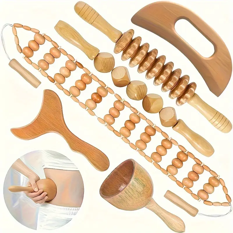 Set of 6 wooden facial massage tools, manual facial massage kit, with wooden rollers, pointed tips, beads, and textured heads, suitable for full-body relaxation and health, body massage tools