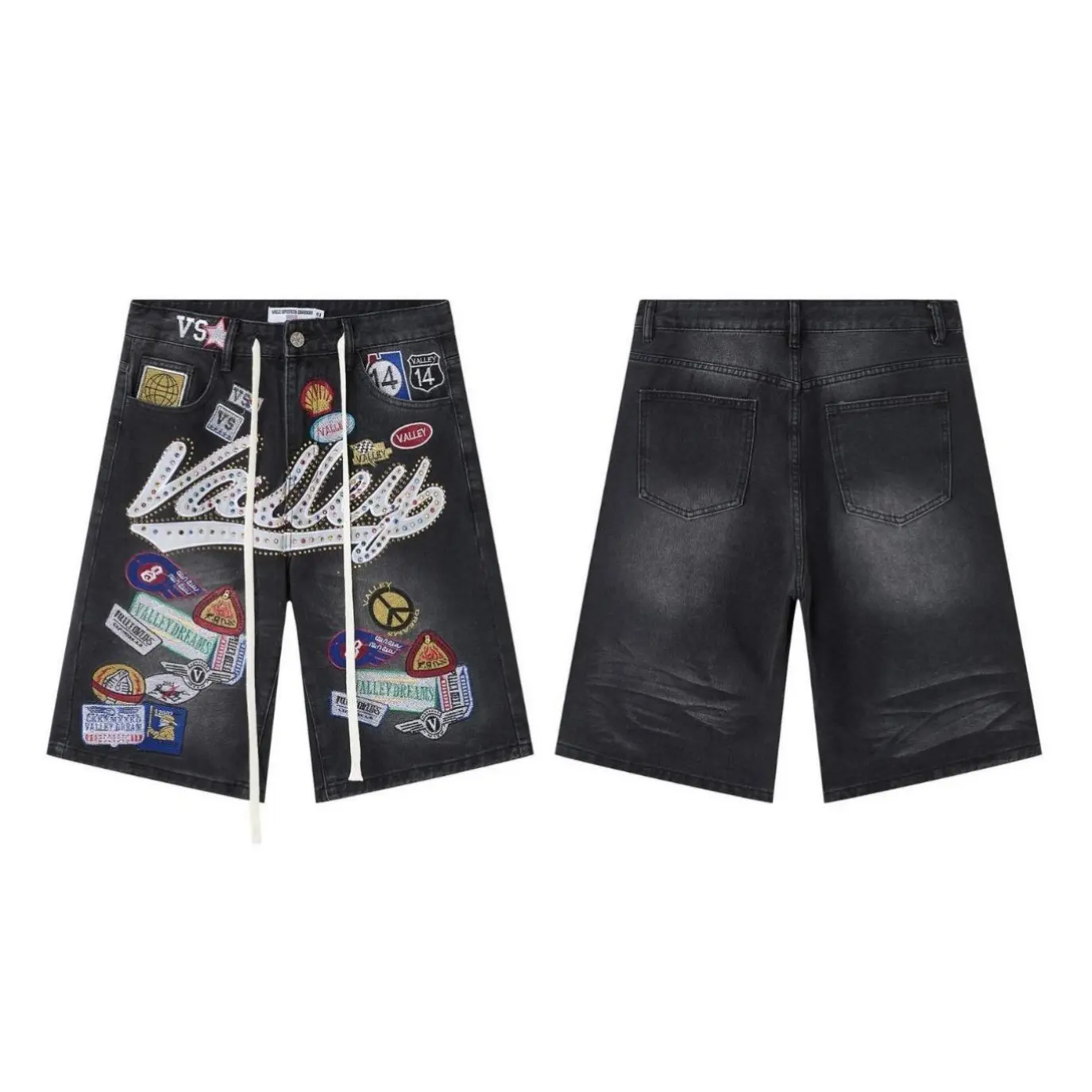 Vale Forever Y2K Hip Hop Mens Patchwork Studded Denim Cargo Shorts Vintage Washed Black Oversized Baggy Jorts Loose Fit Bermuda Summer Trendy Bottoms