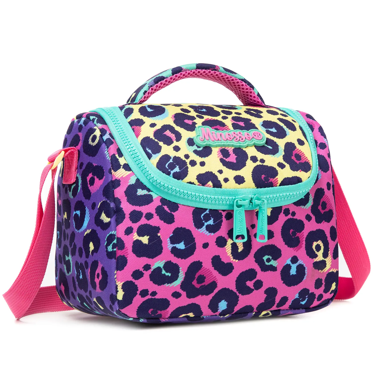 Colorful Leopard Print Insulated Lunch Bag, Dual-Zipper Kids Thermal Cooler Tote with Adjustable Shoulder Strap, Portable Snack Storage Bag for School Picnic