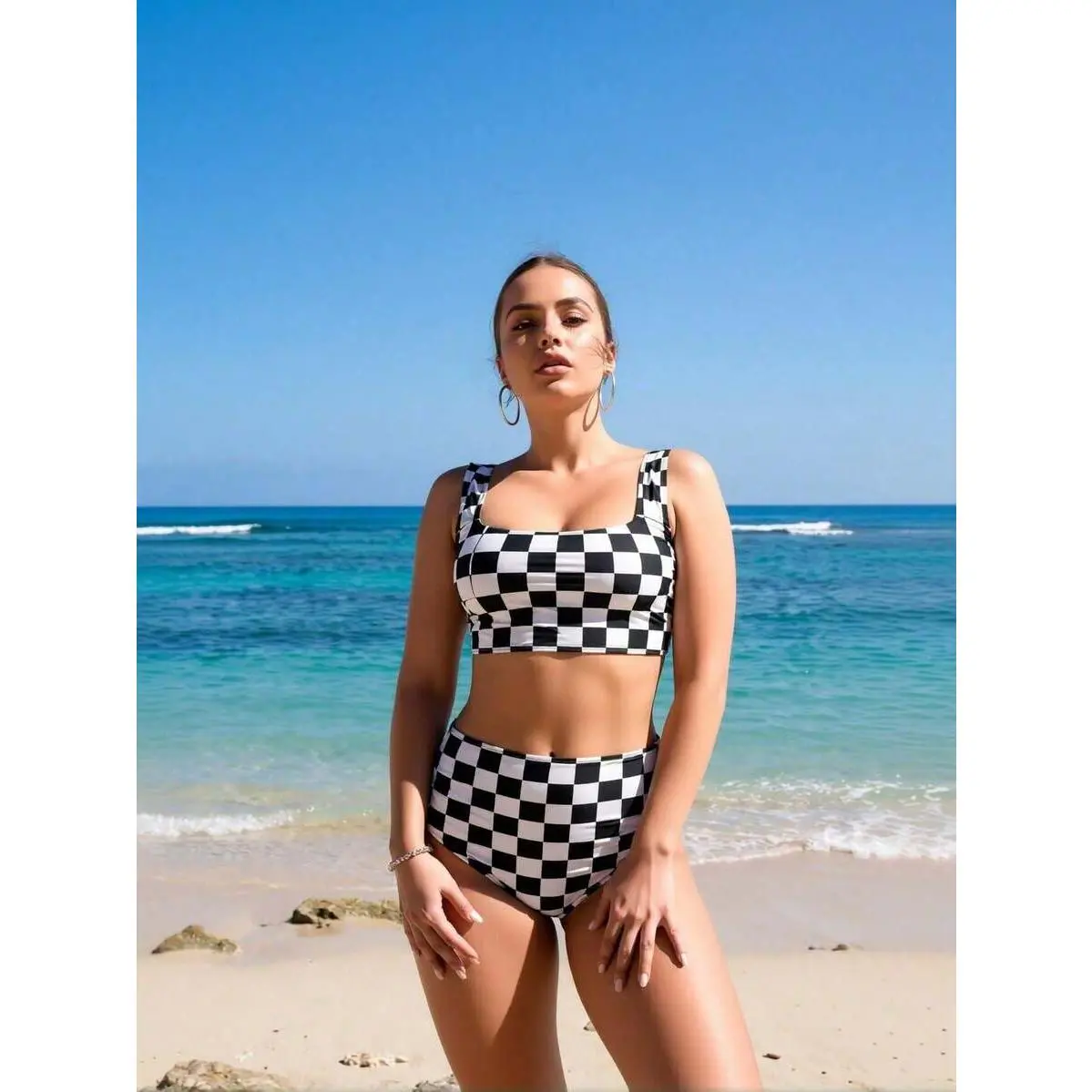 Women's 2026 New 2-Piece Bikini Set, Black & White Checkerboard Print, Square Neck Crop Tops, High Waist Bottoms, Retro Beach Swimwear, Standard Sizes, Beach Wear