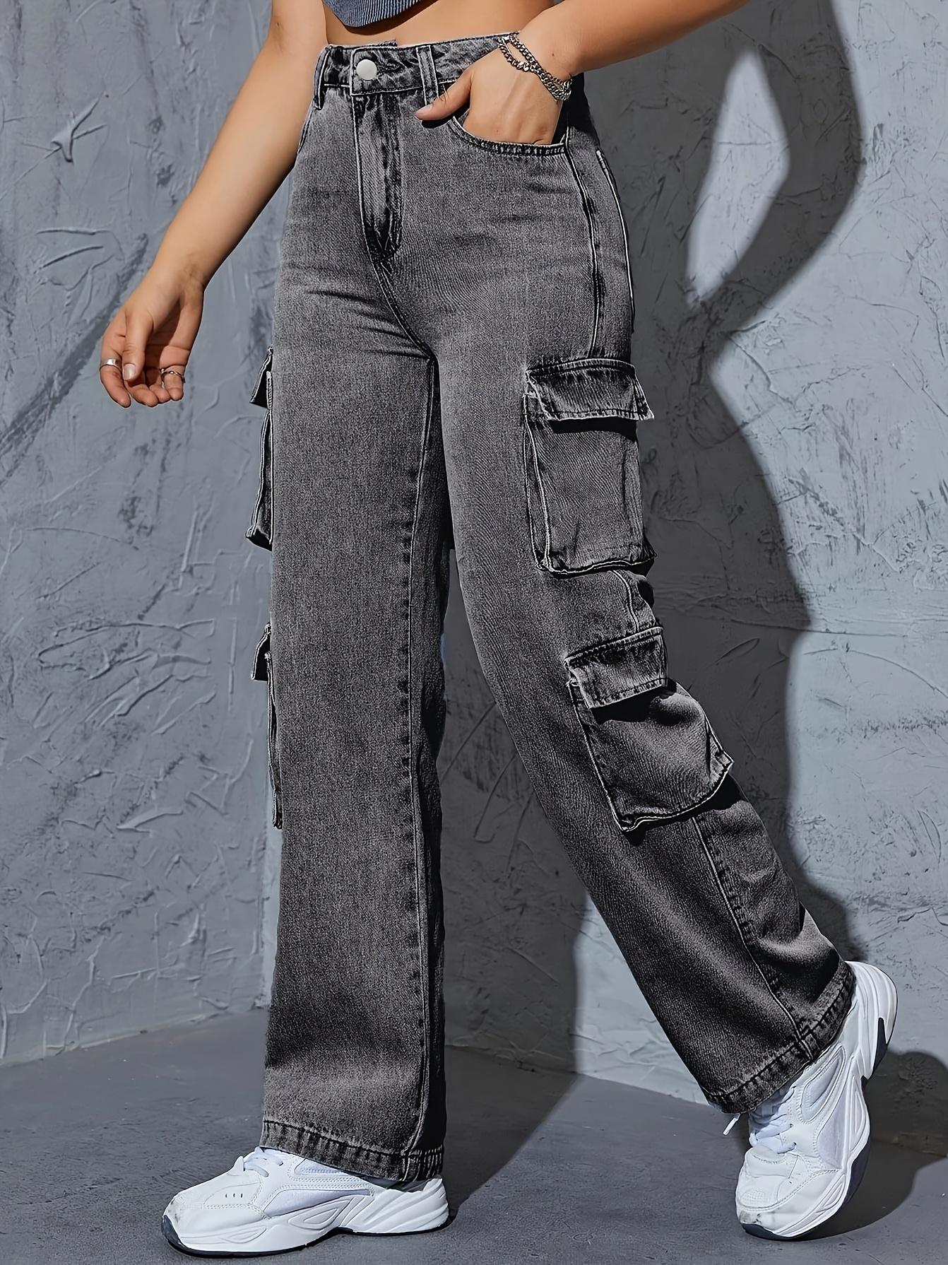 NewWomen High Waist wide leg Denim Jeans, Boyfriend Wide Leg Cargo pants, Casual Denim Baggy Pants with Pockets, Women'S Denim Jeans & Clothing Womenswear Bottom Trouser Streetwear Comfort Dark Gray Gamis