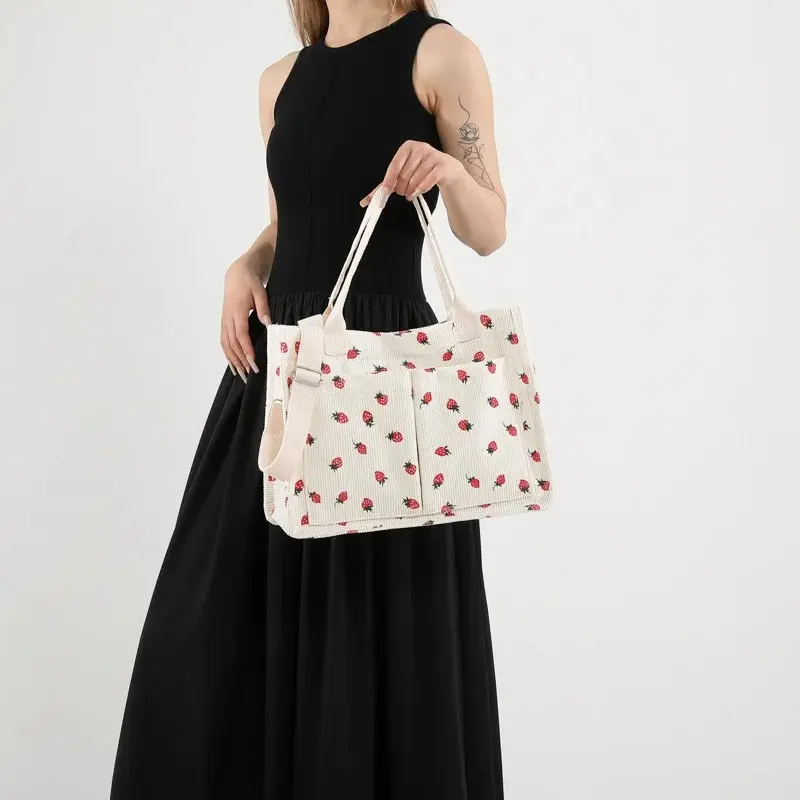 Strawberry & Fruit Patch Canvas Tote Bag for Women, Aesthetic Shoulder Bag with Adjustable Strap, Large Capacity for School & Everyday Use, Large Capacity Bag