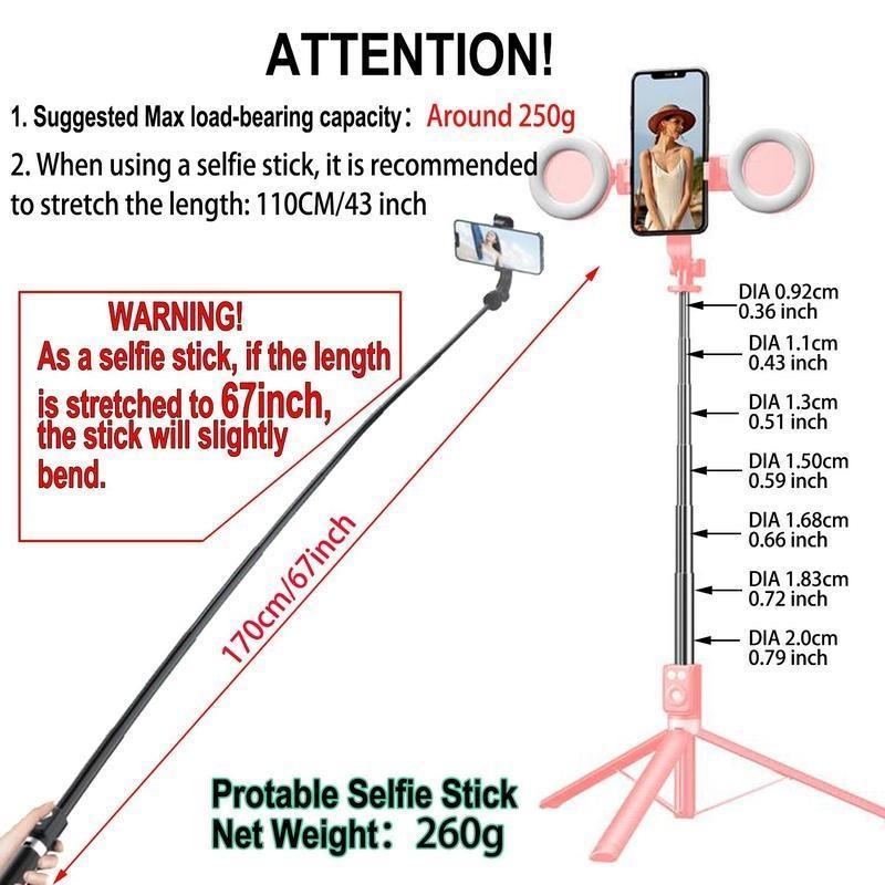 67Inch Aluminum Alloy Phone Selfie Stick with 2 Fill Light, Multifunctional Remote Control Selfie Stick, Live Streaming Tripod for Mobile Phone, Tripod Stand for Vlogging, Gimbal, Photography, Camera Cellphone Smartphone Black tripod ring light moving