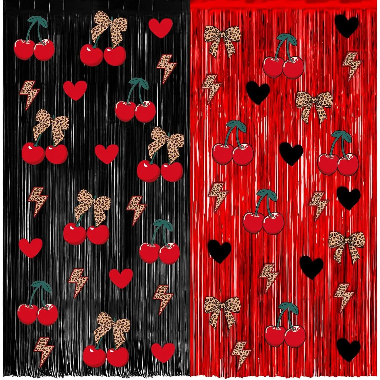 4 Pack Cherry  Print Birthday Party Backdrop Decoration 3.2ft X 8.2ft Foil Fringe Curtains Backdrop for Cherry Leopard Print Birthday Party Photo Props Decorations