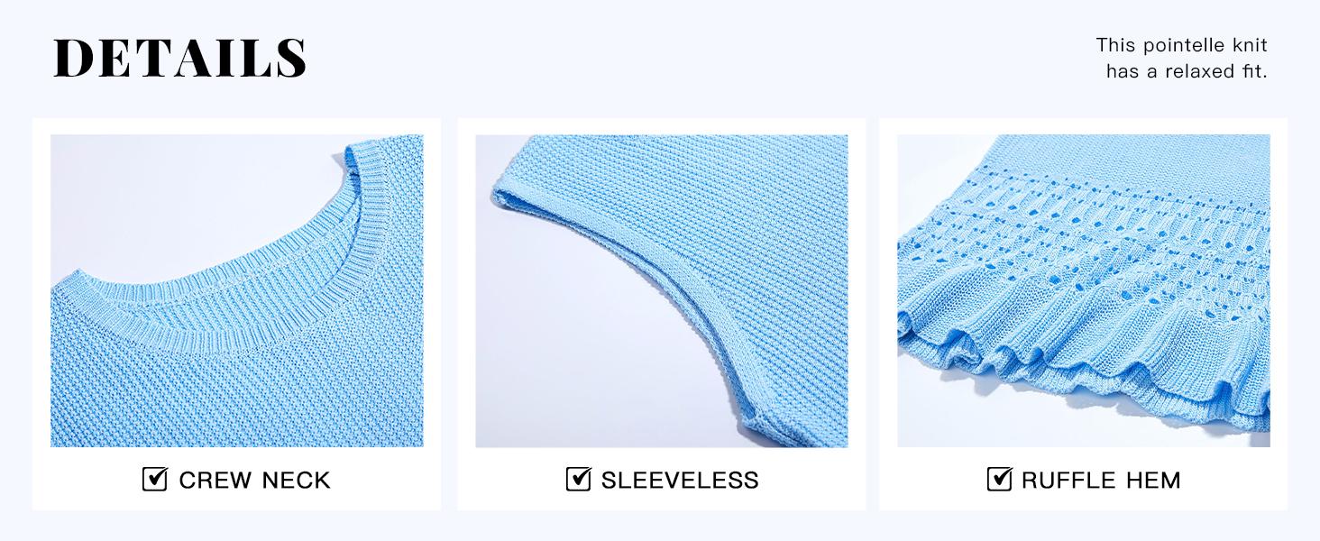 Saodimallsu Womens Crochet Crop Tank Tops Sleeveless Crew Neck Ruffle Summer Boho Knit Sweater Vest