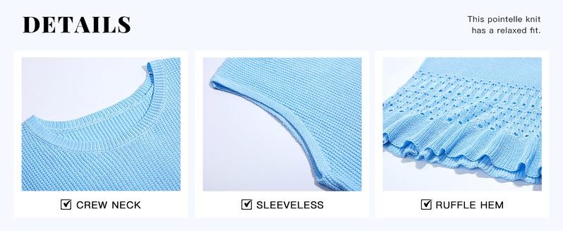 Saodimallsu Womens Crochet Crop Tank Tops Sleeveless Crew Neck Ruffle Summer Boho Knit Sweater Vest