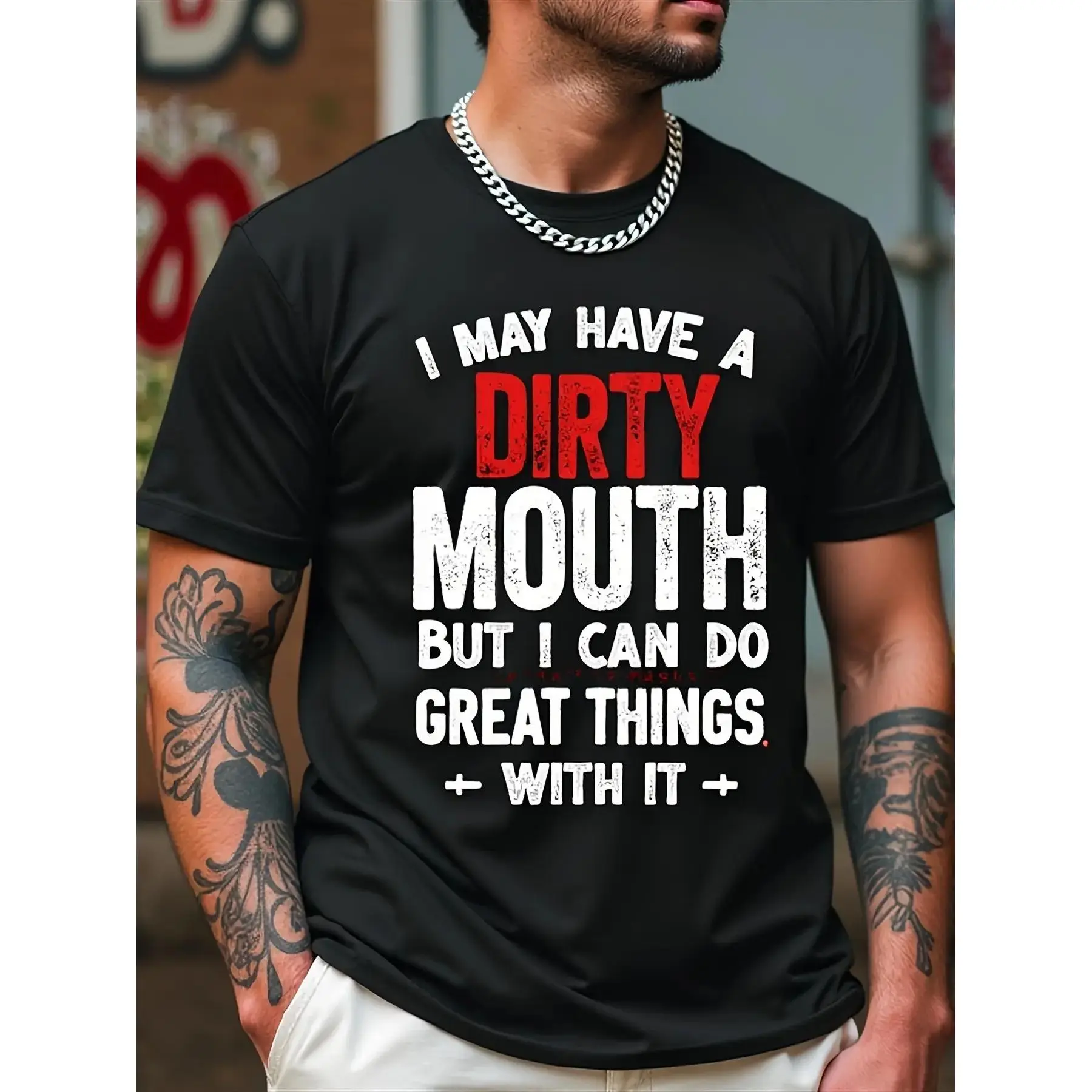 Men's Funny Saying Loose Round Neck Short Sleeve Menswear Top - Bold Red Text "I May Have a Dirty Mouth" - Soft Breathable Machine Washable Casual Shirt for Parties, Adult Humor Apparel, Tops, Shortsleeve