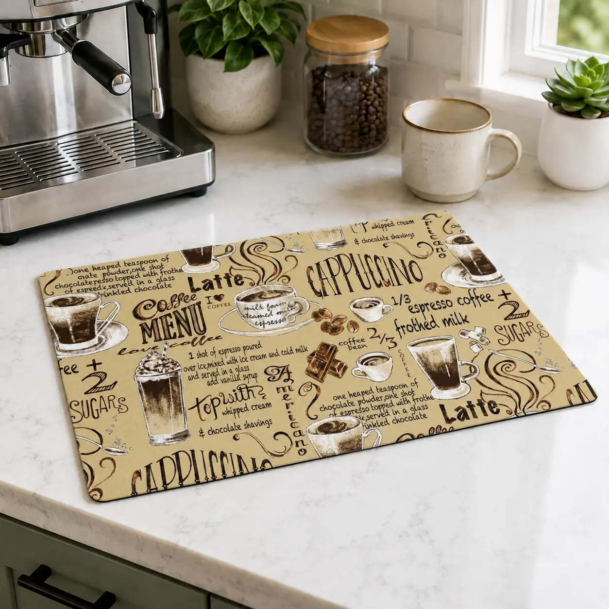 Vintage Hand Drawn Coffee Menu Latte Cappuccino Desk Mat, Retro Cafe Comic Style Coffee Station Placemat & Mouse Pad 30x40cm, Espresso Latte Art Protective Table Mat, Absorbent Non Slip Countertop Mat for Home Cafe Decor Kitchen Coffee Bar