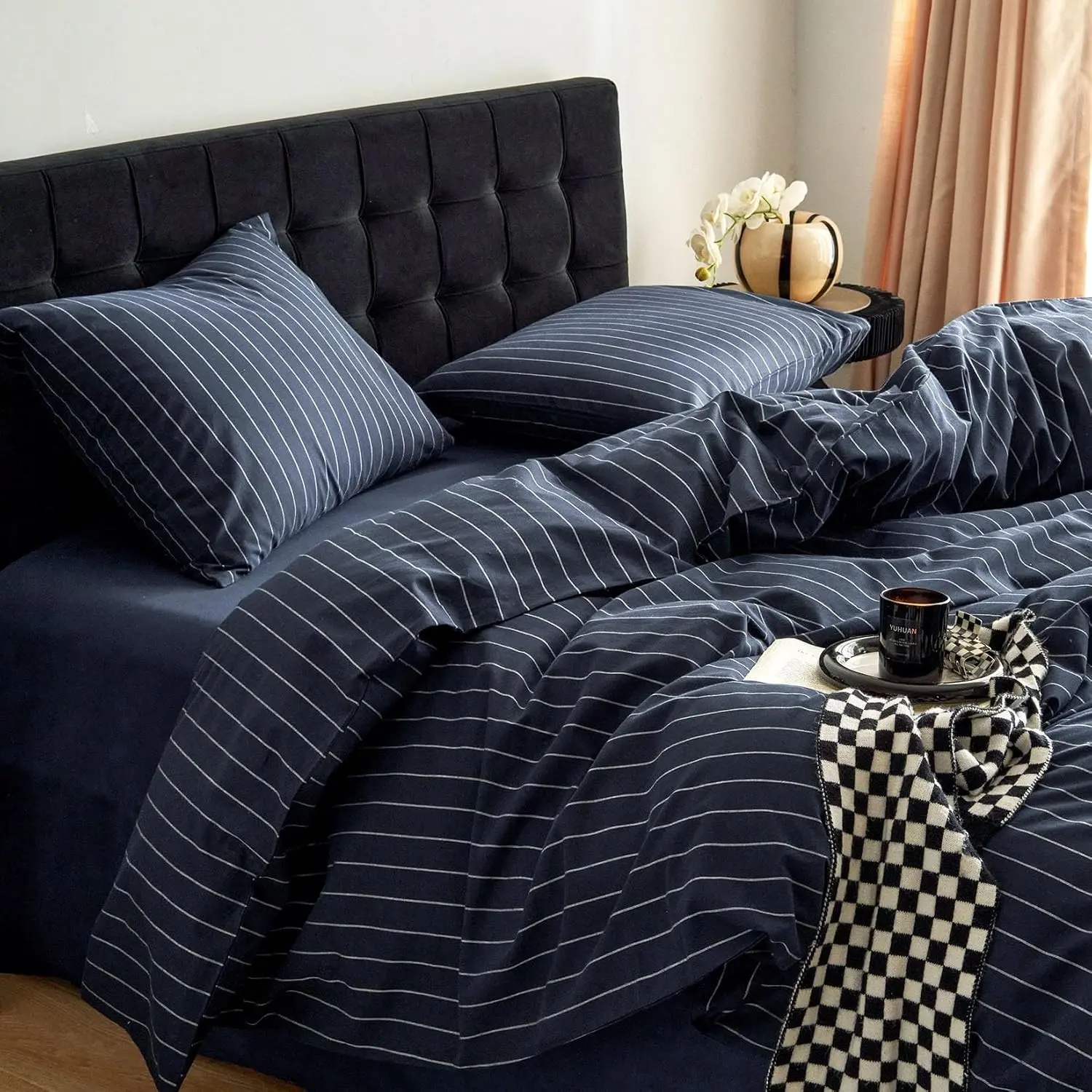 Striped Cotton Duvet Cover Set, Ticking Stripe Vertical Pinstripe Farmhouse, 100% Washed Cotton Textured Bedding Set, 3 Pieces, Navy Blue, Queen Size