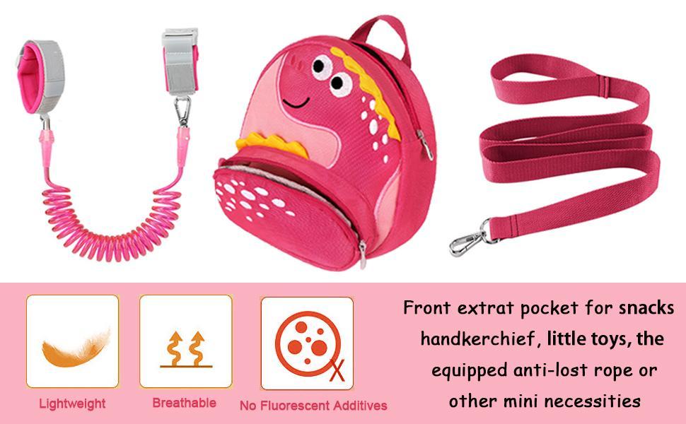BY-XY Toddler Backpack Harness with Safety Leash, Cute Dinosaur Harnesses with Kids Anti Lost Wrist Link, Mini Child Schoolbag with Wristband Tether Strap and Protection Leashes for Baby Girls (Pink)