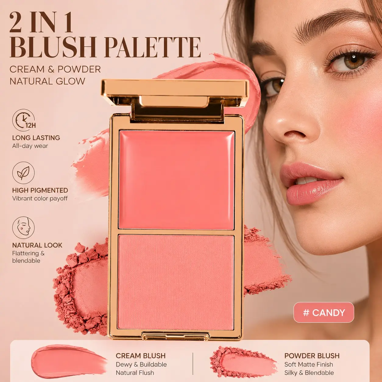 2-In-1 Blush Palette, Cream Blush & Powder Blush Duo, Long-Lasting High Pigment Cheek Makeup, Perfect for Daily Look
