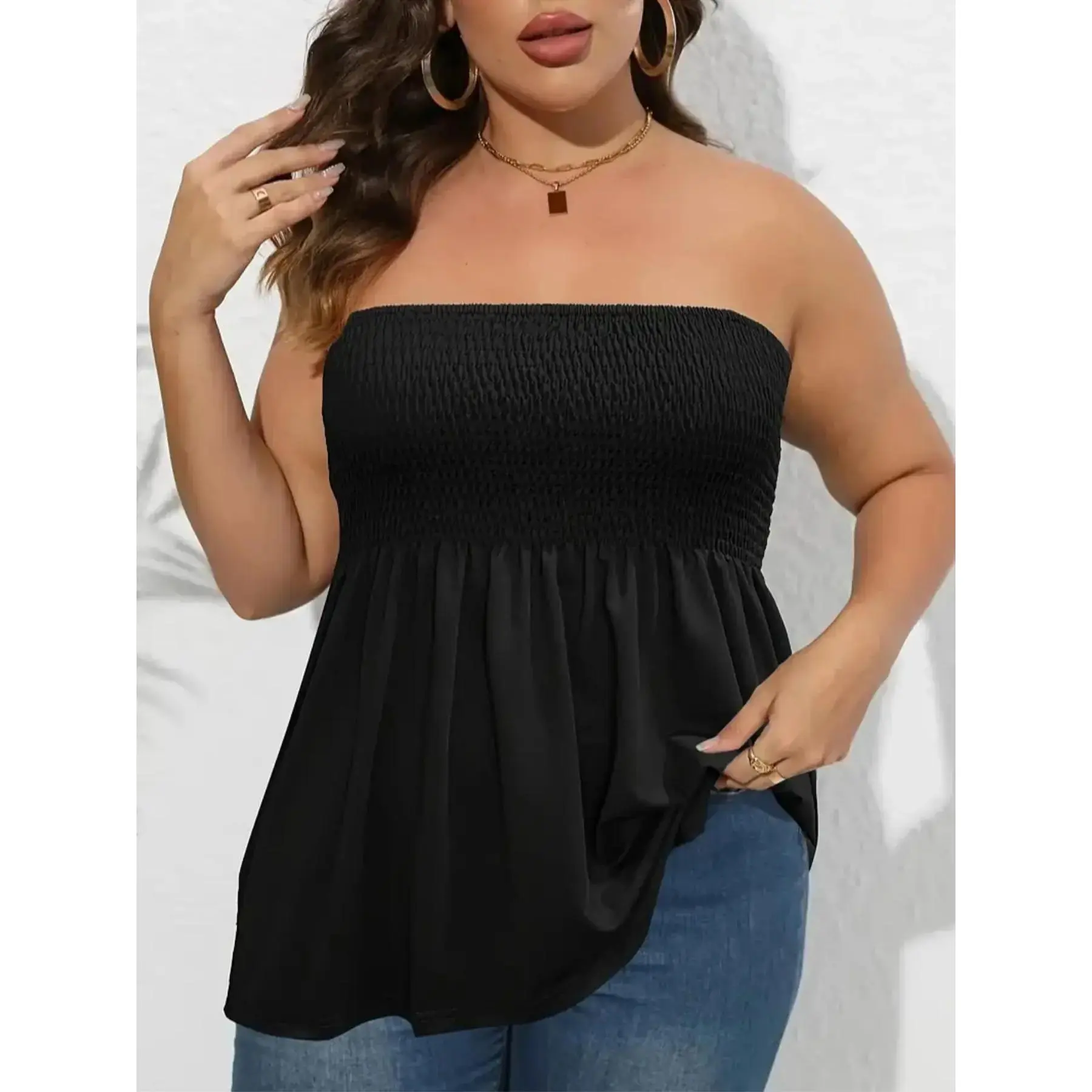 Plus Size Solid Ruffle Hem Peplum Shirred Fitted Tube Top, Boho Fashion Chic Elegant Style Tops, Lady Strapless Top, Womenswear, Casual Summer Sleeveless Strapless Black Top