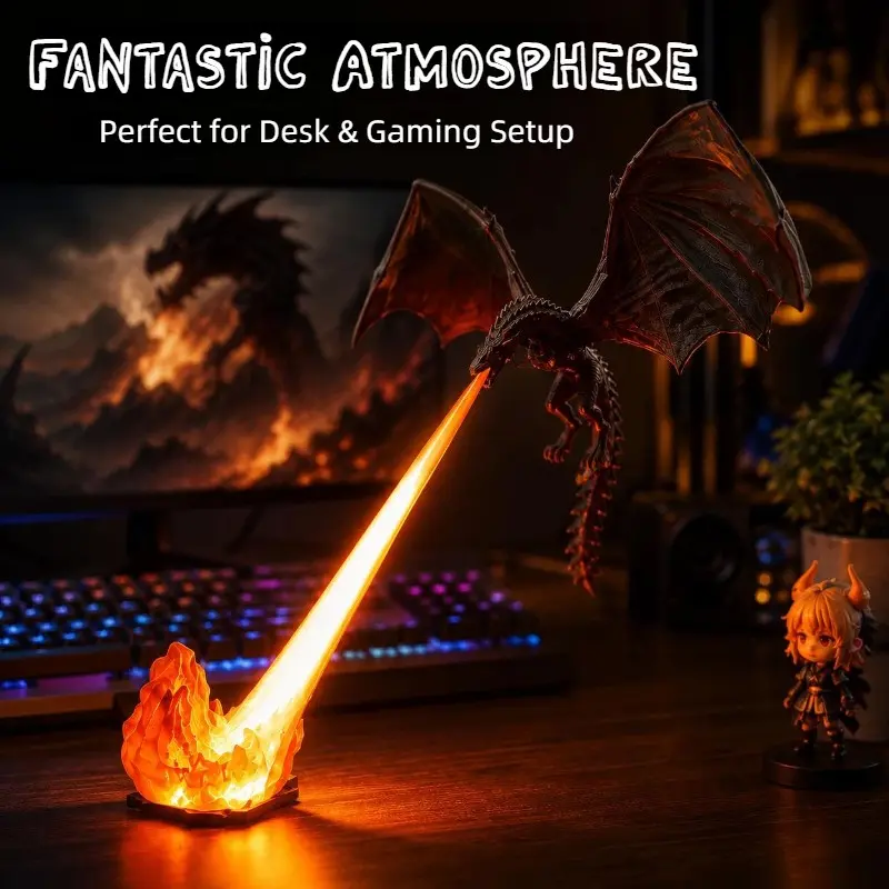 Dragon Breath Lamp, 3D Fire Dragon Figurine Night Light, Fantasy Desktop Decor, Collectible Ornament for Desk Setup, Bedroom Ambient Lamp, Gift for Gamers