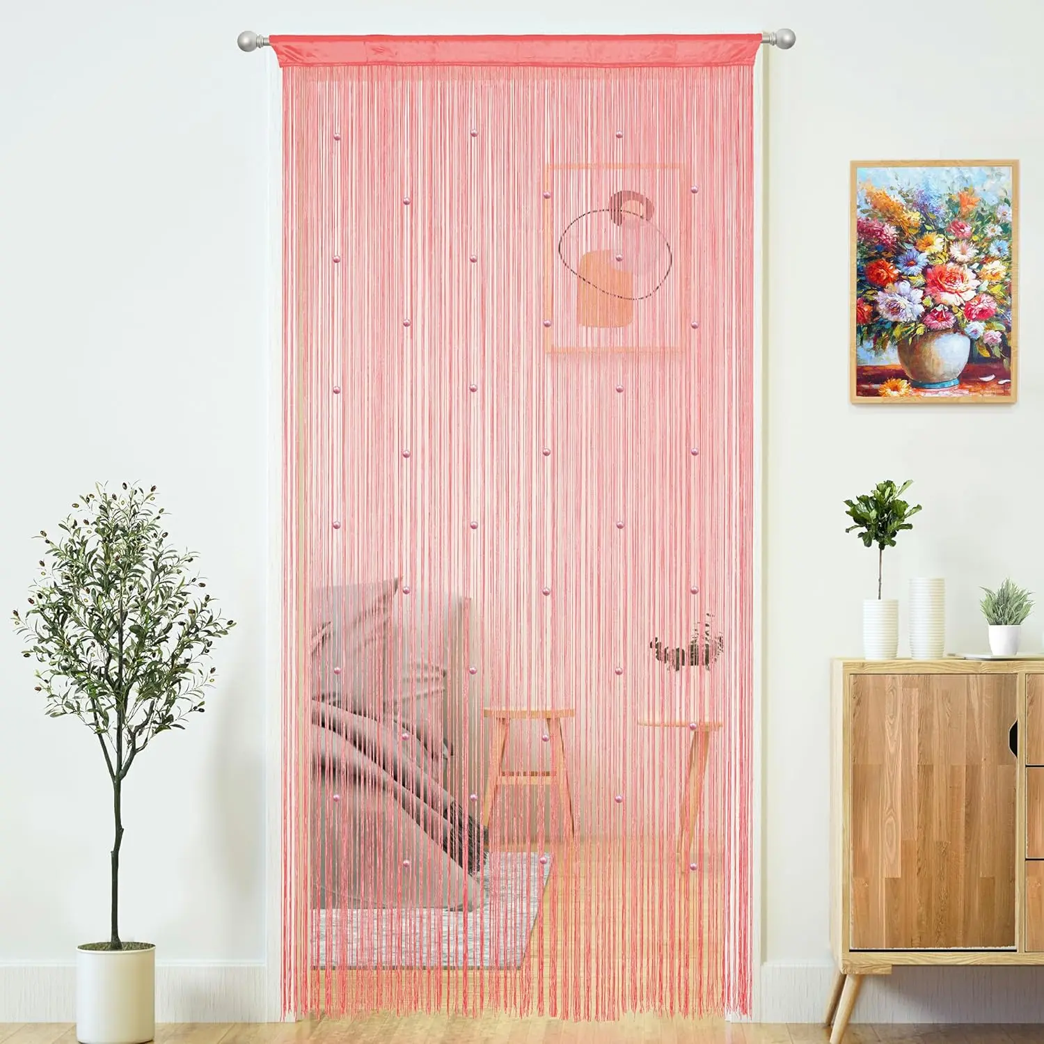 Beaded Curtain Door String Curtains for Doorways Tassels Beads Hanging Fringe Hippie Window Hallway Entrance Wall Closet Bedroom Privacy Decor (Pink, 39" W x 110" L (Pack of 1))