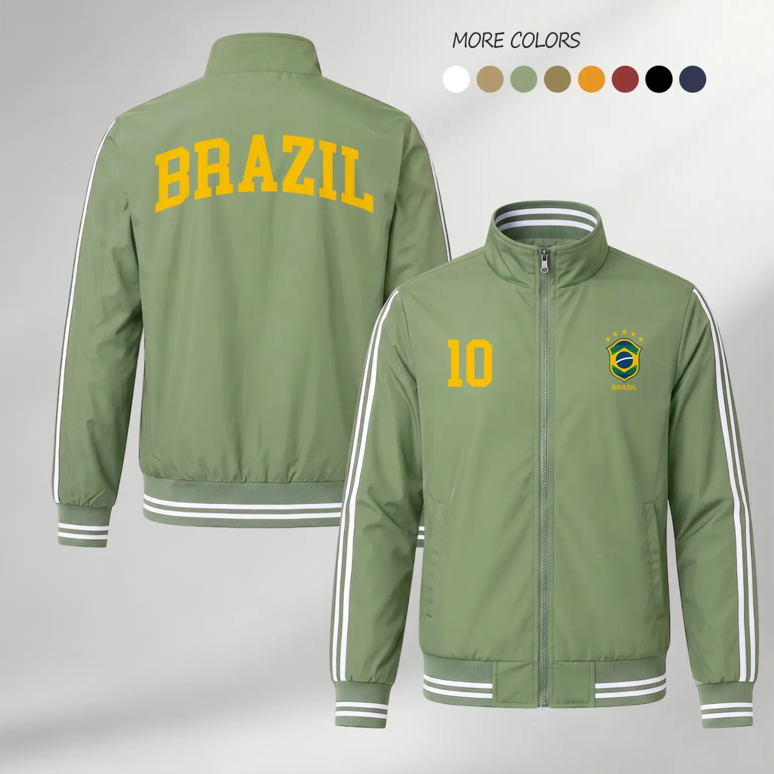 Men's Streetwear Bomber Jacket with Brazil Graphic Prints, a Thin Stand Collar Coat for Daily Casual Wear, Sports Outerwear, Male