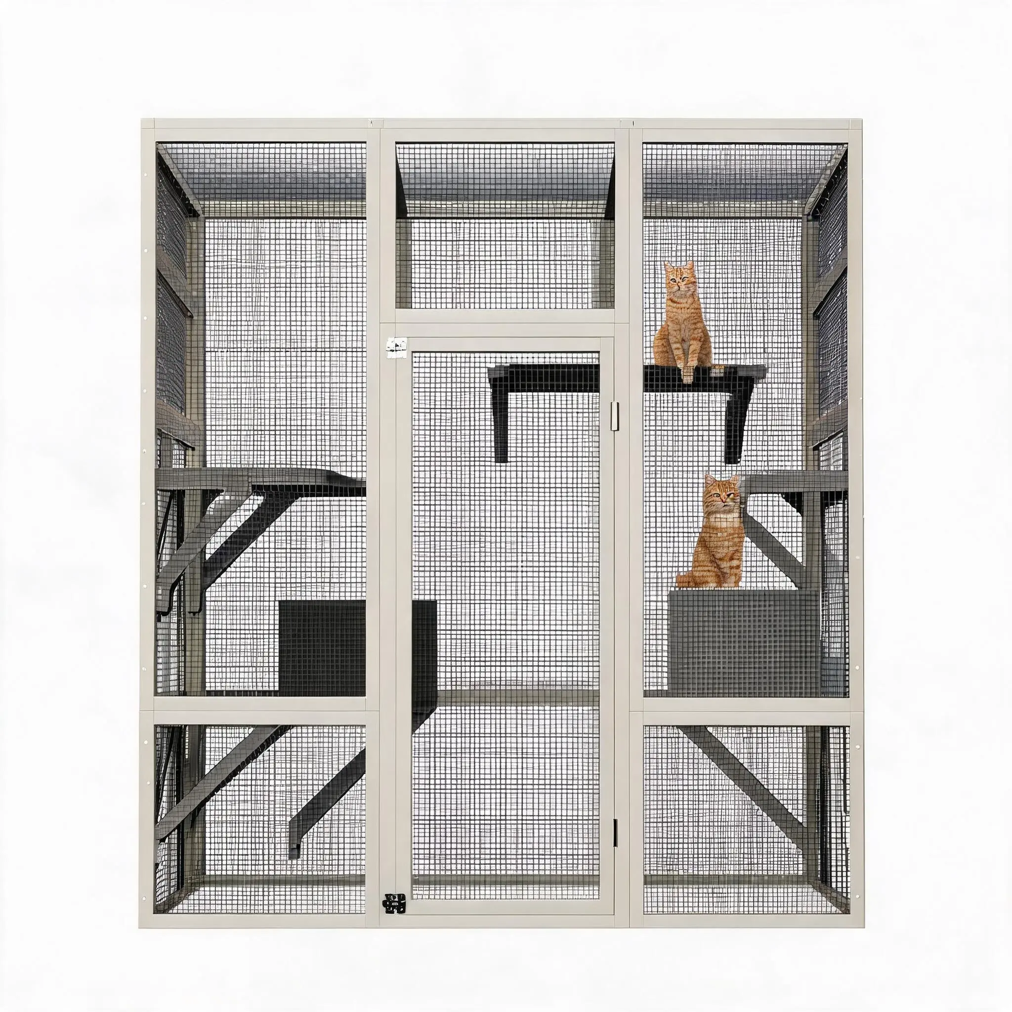 2-in-1 Walk-In Outdoor Catio Cat Enclosure & Wooden Cat House - Metal Mesh Walls - UV/Waterproof Roof Cover - 5 Platforms + 2 Resting Boxes