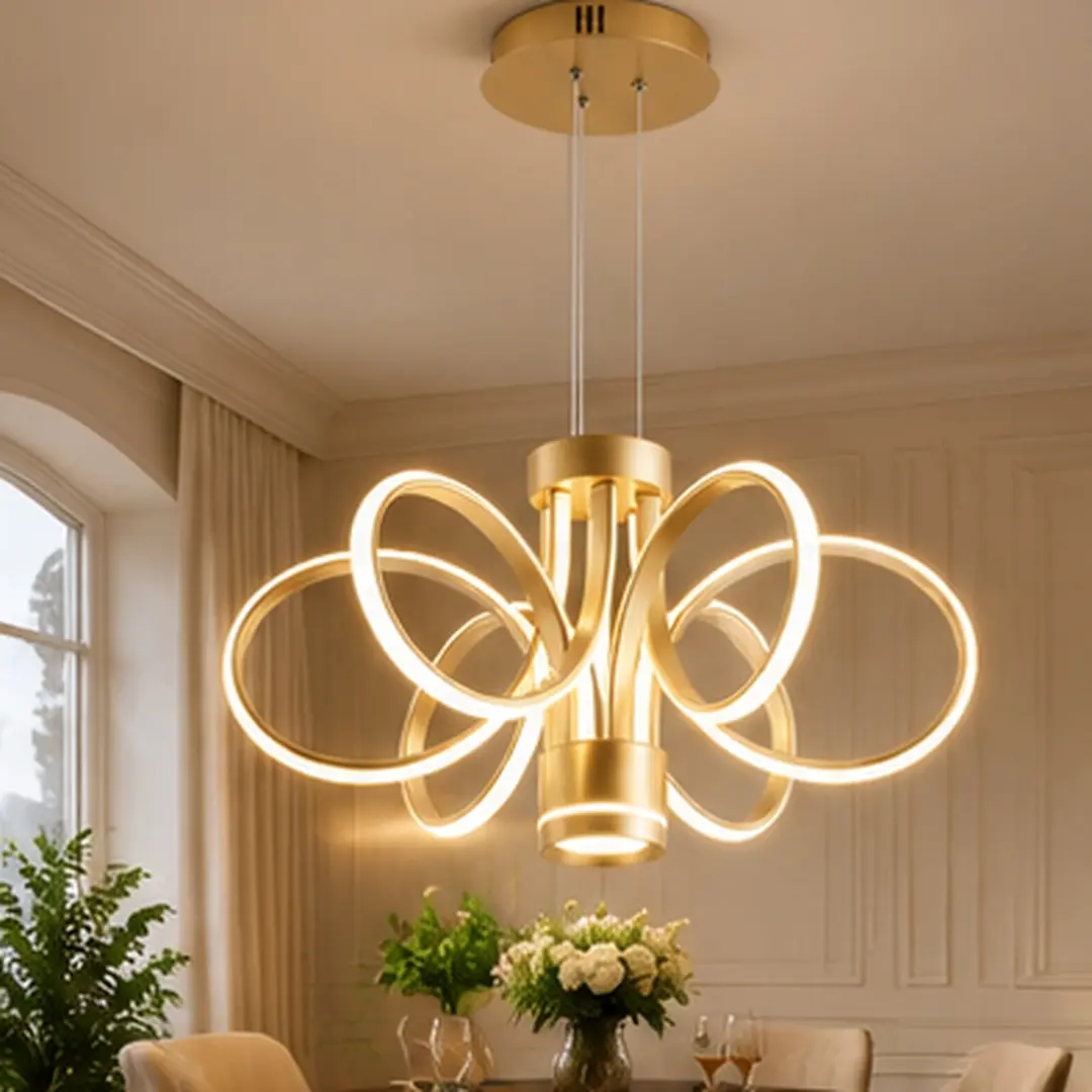 American Traditional Gold Metal Frame LED Chandelier - 19.69w x 19.69d x 10.24h in, 3.89lb Seeded Glass Hanging Pendant, Farmhouse Rustic Home Lighting with 360° Glow & Even Illumination, for Dining Room, Kitchen Islands, Decorative Lights
