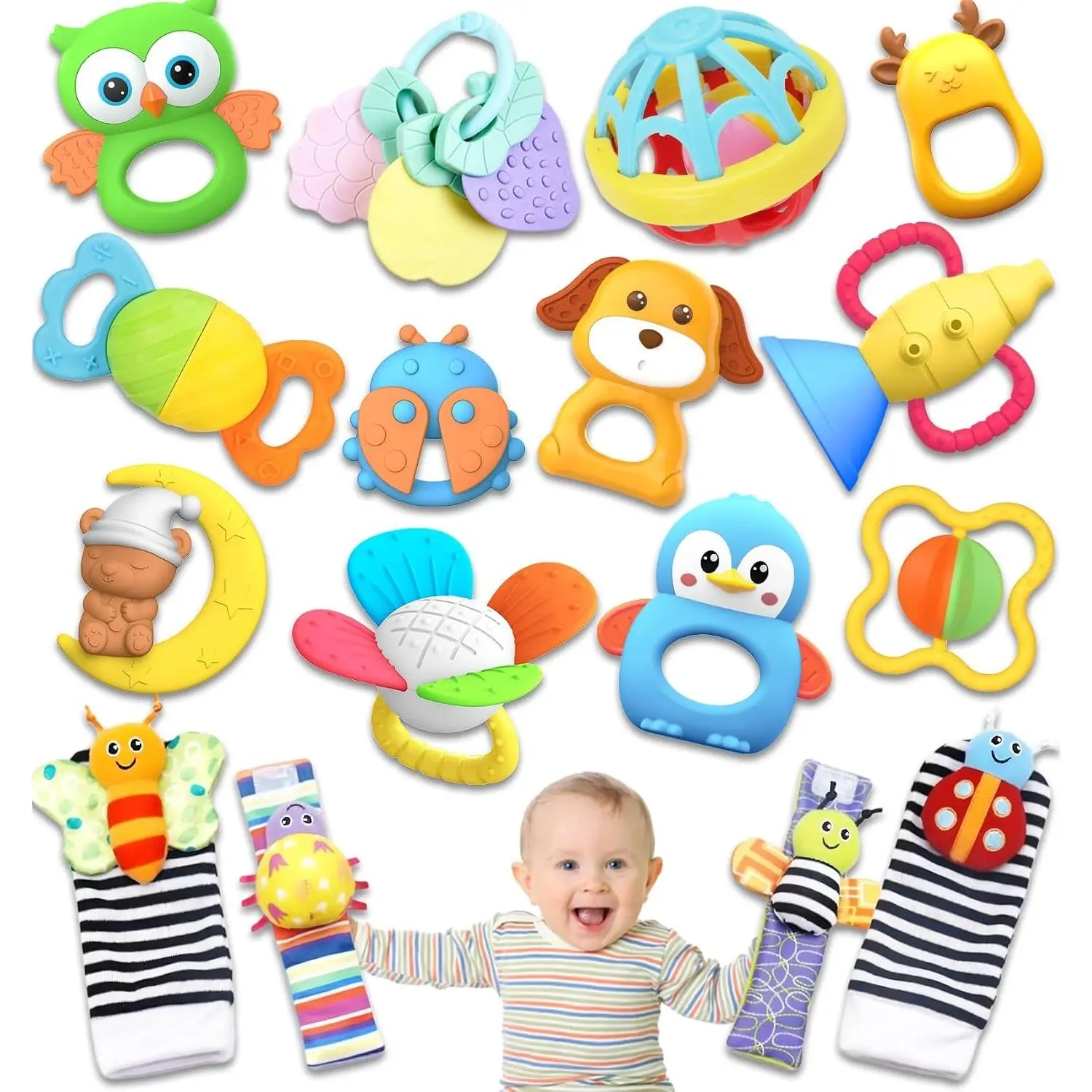 16 Pack Baby Rattles Teething Toys for 0-12 Months, Newborn Infant Essentials, Wrist Socks, Toddler Christmas Stocking Stuffers Gifts(Gift)