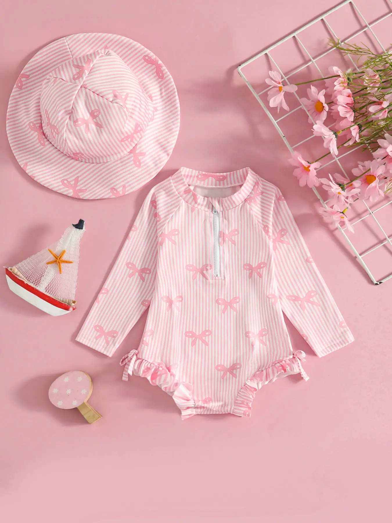 Striped Bow Baby Girl Long Sleeve One-Piece Swimsuit, Matching Sun Hat, Cute Toddler Spa Vacation Sun Protection Set, Toddler Girls Swimsuit