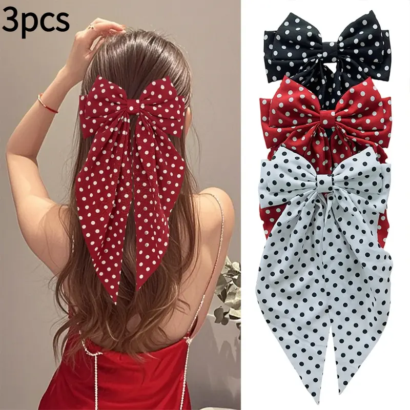 3 Pack Oversized Polka Dot Satin Bow Cute Hair Clips, Silky Long Ribbon Tail Spring Barrettes Vintage Hair Accessories for Women Girls Wedding Party Daily Wear