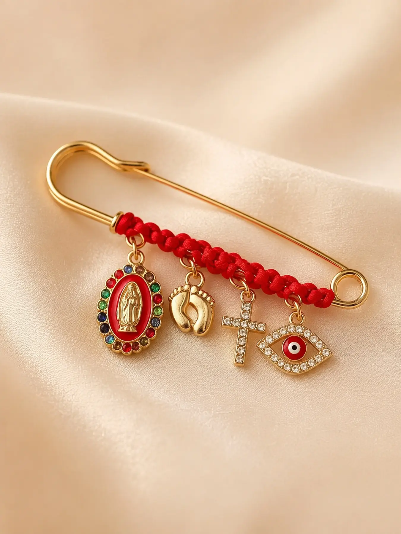 Lucky Red Cord Charm Alloy Brooch Pin, Vintage Decorative Clothing Accessory Jewelry for Women, Stylish Fashion Gift