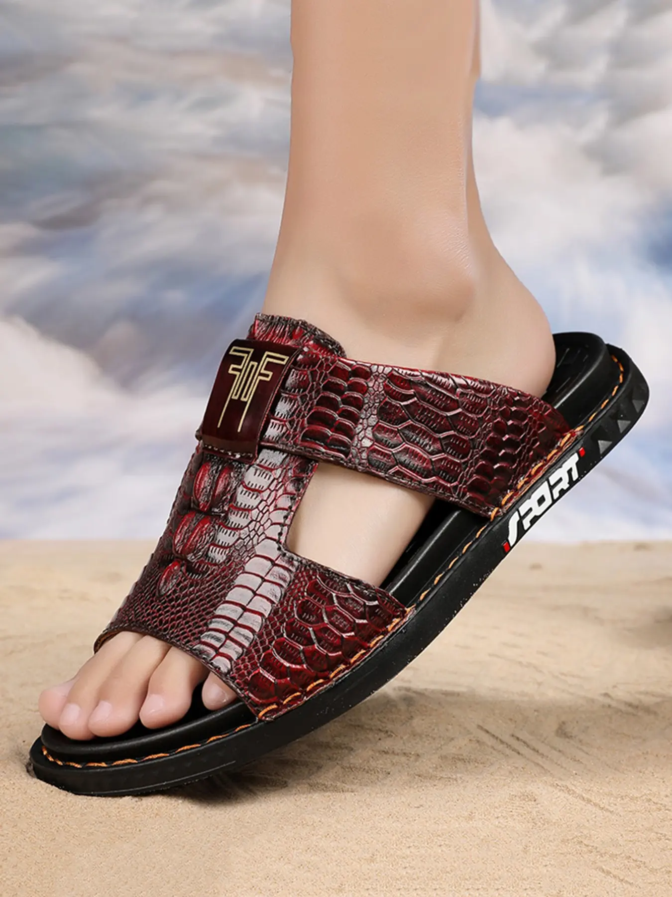 Men's Slippers Open Toe Slides Beach Slide Sandals, Retro Alligator Pattern Vintage, Breathable Non-Slip Lightweight, Microfiber Leather, Plus Size, Beach Footwear, Summer Beach Vacation Casual Shoes