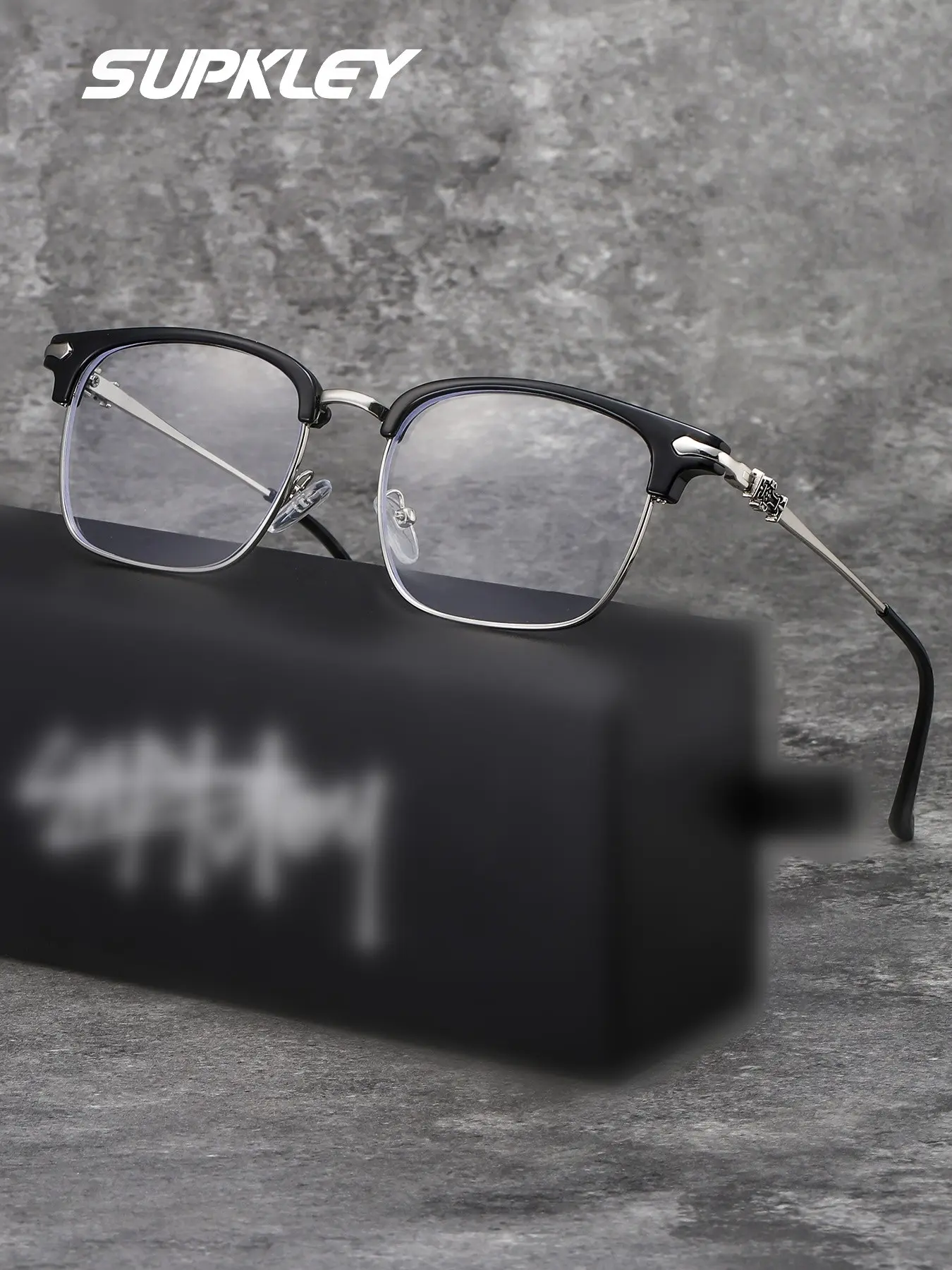 SUPKLEY Casual College Style Full Frame Men's Glasses, Casual Stylish Glasses, Half Rim Square Stainless Steel Frame, Fashion Decorative, Blue Light Blocking, Square Frame Eyewear, Everyday Eyewear