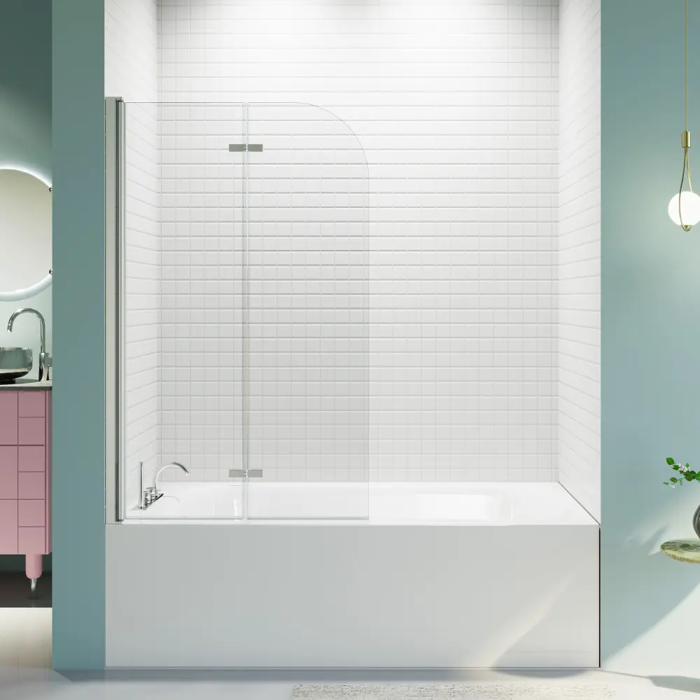 34"W x 58"H Frameless Folding Pivot Bathtub Door, 1/4" Tempered Glass, Chrome, Reversible Installation